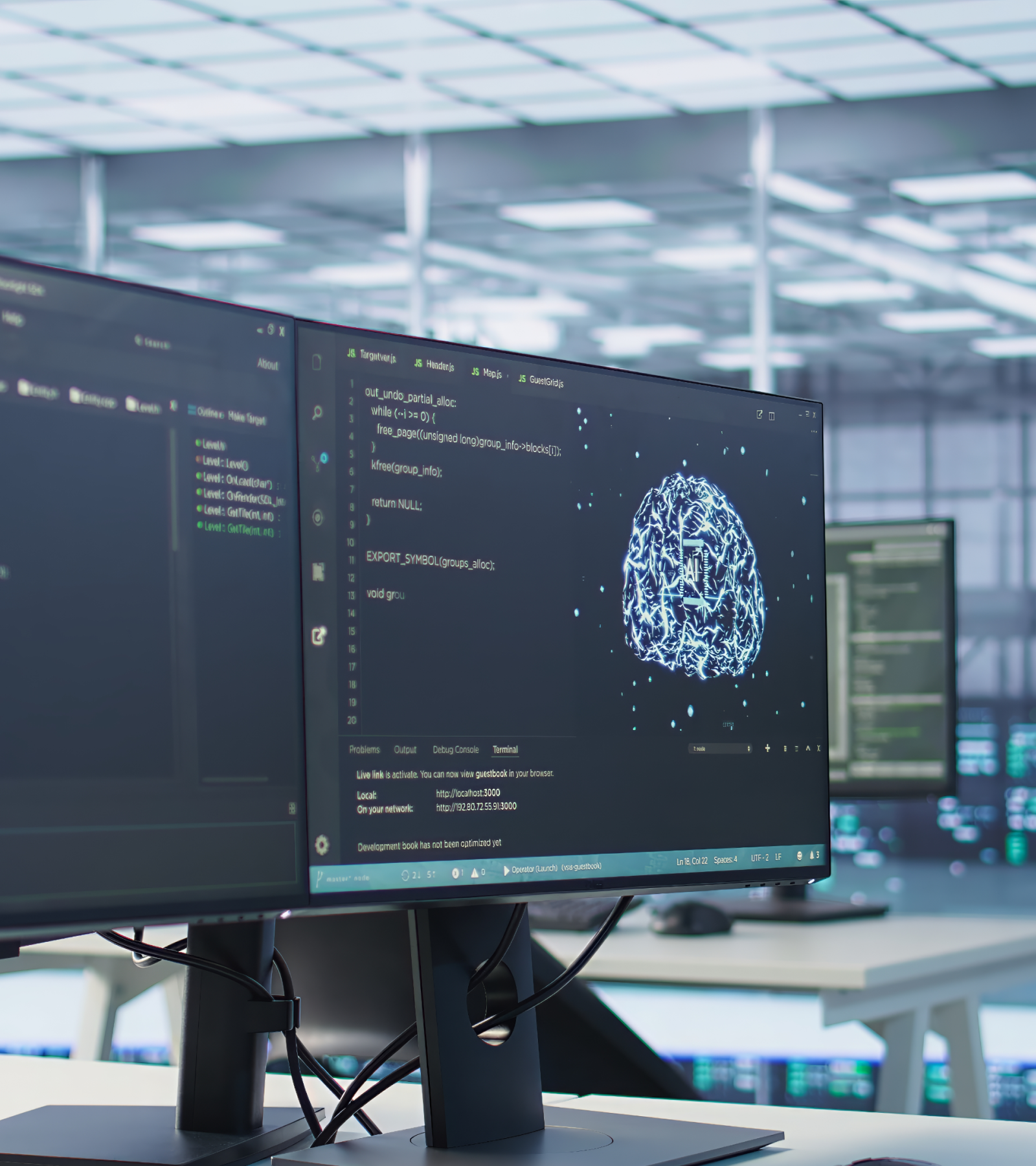 Dual monitors in a server room showing code and a neural network visualization